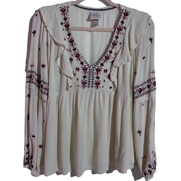 Knox Rose Tops - Knox Rose Blouse Women's Large White Floral Peasant Ruffles Embroidered BohoTop